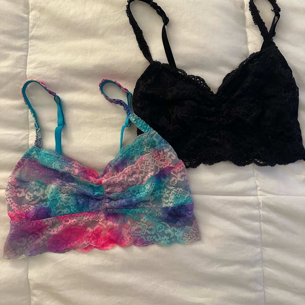 PINK Victoria's Secret pink & blue tie dye 💕🩵💘🫐👙🩷🦋& black Lace Bralette 🖤🐈‍⬛